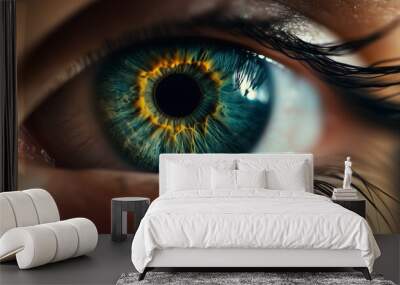 extreme macro closeup of human eye with blue iris and golden sunburst pattern Wall mural