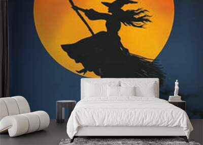 minimalist witch silhouette moon halloween poster Wall mural