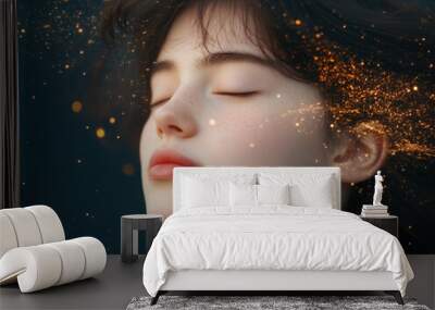 portrait of serene young woman with closed eyes and glowing golden particles Wall mural