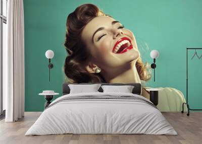 vintage-style 1940s portrait of joyful woman with red lipstick laughing Wall mural