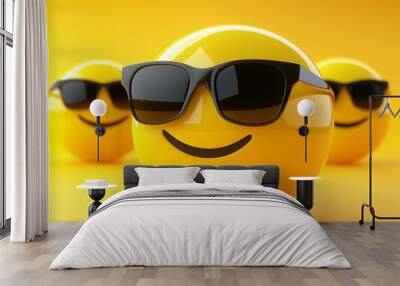 yellow 3d emojis wearing sunglasses on bright background Wall mural