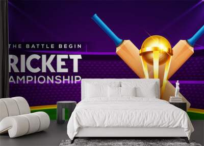 Cricket championship league concept with cricket bat, ball and winning cup trophy for poster or banner on cricket stadium Wall mural