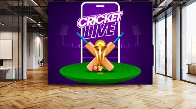 Cricket Live Concpet header or banner with winning trophy, Bat, Ball and stumps on stadium background. Wall mural