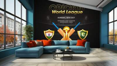 Cricket World League India vs Pakistan match header or banner with winning trophy on stadium background. Wall mural