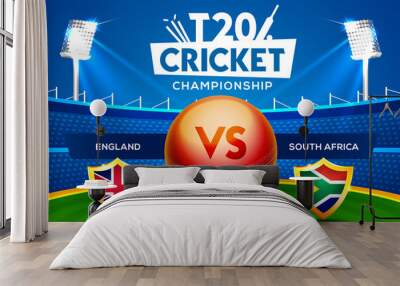 T20 Cricket Championship concept England vs South Africa match header or banner with cricket ball on stadium background. Wall mural