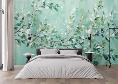 Abstract botanical artistic background. Oil painting of tree branch with green leaves on textured blue-green backdrop Wall mural