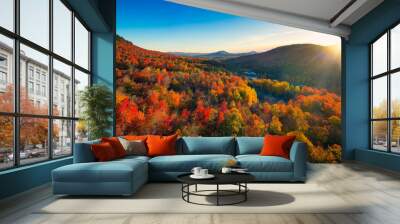 Aerial view of Mountain Forests with Brilliant Fall Colors in Autumn at Sunrise, New England Wall mural