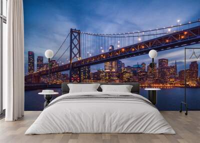 Cityscape view of San Francisco and the Bay Bridge at Night Wall mural