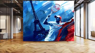 Illustration of tennis athlete with blurred Eiffle tower background. Red, white and blue theme. Sports abstract background.  Wall mural