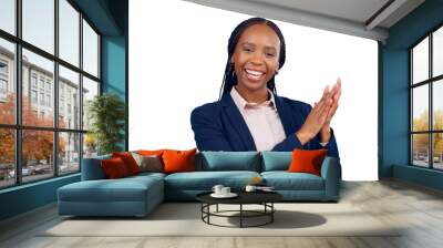 African, business woman or clapping hands in portrait for celebrating success or applause at work. Black person, bookkeeper and happy face for promotion and isolated on a transparent png background Wall mural