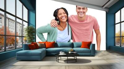 Happy couple, connection and portrait for happiness or love with romance isolated on transparent png background. Interracial people, hug and smiles for date or boyfriend, casual clothing and relaxing Wall mural