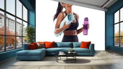 Happy woman in portrait, laughing with yoga mat and water bottle with fitness isolated on transparent, png background. Exercise, pilates and health, hydration with Indian female yogi with happiness Wall mural