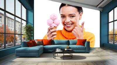 Isolated woman, ice cream and thumbs up in portrait for review, thanks and choice by transparent png background. Student, girl and happy for gelato with sign language, icon and feedback for dessert Wall mural