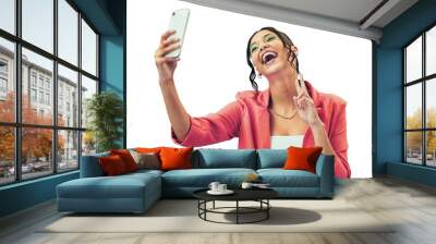 Isolated woman, selfie and happy with peace sign for fashion, makeup or web blog by transparent png background. Gen z girl, influencer or icon for memory, photography or social media app in clothes Wall mural