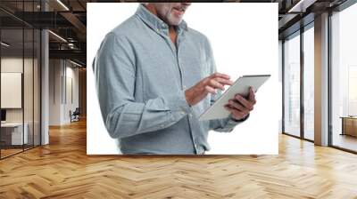 PNG studio shot of a mature man using a digital tablet against a grey background Wall mural