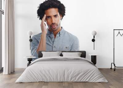 Portrait, anxiety and PNG with a man isolated on a transparent background while suffering from a headache. Mental health, burnout and stress with an exhausted male feeling overworked or in pain Wall mural