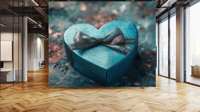 Blue Heart Shaped Gift Box with Bow on Rustic Background Wall mural