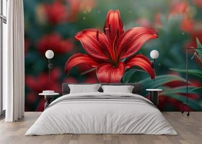 Closeup of a Red Lily Flower in Bloom Wall mural