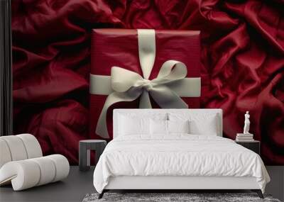 Gift wrapped in red paper with a white ribbon, classic and elegant Wall mural