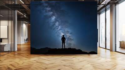 A starry night sky with a silhouette of a person gazin Wall mural