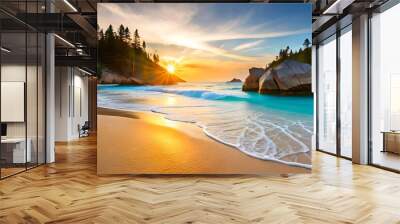 Sand dunes on the beach at sunset beautiful tropical island with palm trees and beach panorama illustration Wall mural