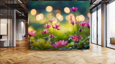 Springtime blurred bokeh on a peaceful garden and flower meadow Wall mural