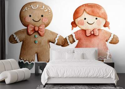 Festive gingerbread couple holding hands, watercolor, isolated on white, vibrant and soft colors, full-body, cheerful expression concept happy noel, concept happy Christmas Wall mural