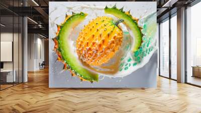 Visual Representation of the Moment a Falling Horned Melon Collides with Water and Milk, Transformed into an Artistic Scene. Slices and Splashes. Wall mural