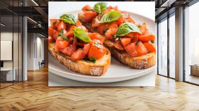 Plate of bruschetta with fresh tomatoes and basil on toasted bread water color, isolated on white background Wall mural