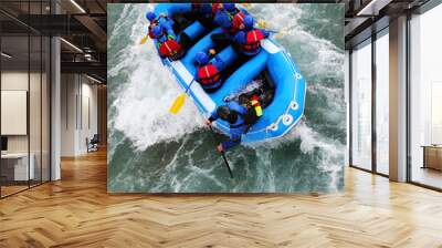 Team of People White Water Rafting - view from above a raft in rapids Wall mural