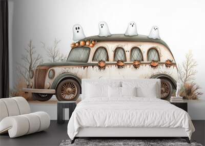 Spooky Vintage Car with Ghosts and Pumpkins for Halloween Design Wall mural