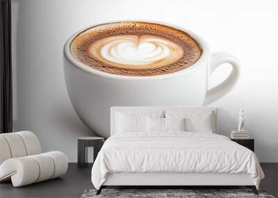 Steaming cup of cappuccino with frothy milk art water color, isolated on white background Wall mural