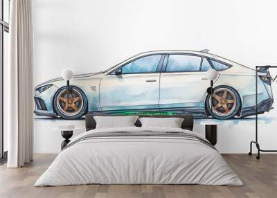 Watercolor Illustration of a Sleek, Modern Car with a Futuristic Design Wall mural