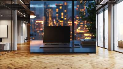 Modern home office room with laptop computer and copy space on working desk over blurred outdoor view at night in the background. 3d rendering, 3d illustration. Wall mural