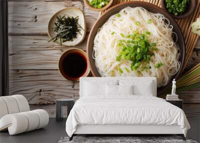 traditional japanese somen noodles with condiments on wooden background for asian cuisine Wall mural