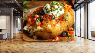 
Turkish kumpir food loaded baked potato with colorful toppings including sour cream and chives on wooden board Wall mural