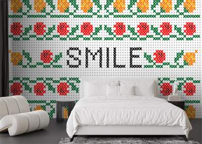 Cross stitch pattern  with elements of folk embroidery and word SMILE Wall mural