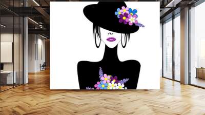 Stylized woman with hat and flowers Wall mural