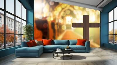 3D rendering of wooden cross in blurred church interior Wall mural