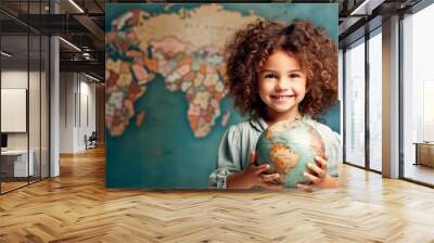 Cute little girl holding a globe. Learning, school, knowledge concept, with copy space. AI generative, illustration Wall mural