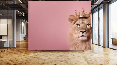 Lion with a pink crown against pink background. Strength, power, diversity, identity concept. Ai generative Wall mural