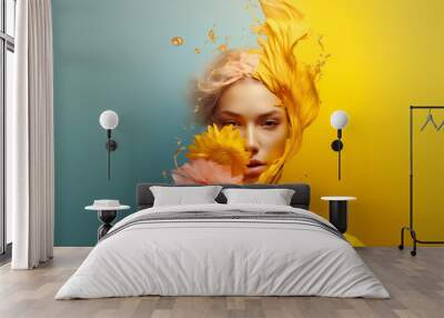 Portrait of a woman, with flowers and splash of water. Cosmetics, make up, beauty, spring concept. Wall mural