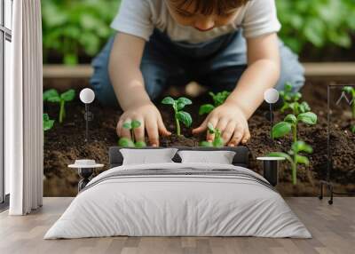 A child tending to a garden, planting seedlings with care, showcasing the joy of nurturing and growing plants in the earth. Wall mural