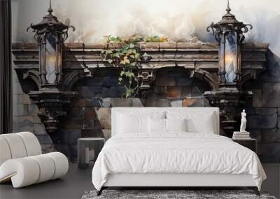 A vintage stone wall adorned with elegant lanterns and creeping vines, evoking a charming, historic ambiance. Wall mural