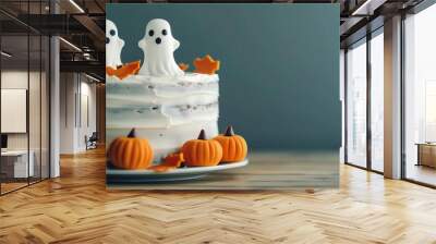 Close-up of a Halloween cake with ghost and pumpkin decorations, October culinary delight, empty space for text on left Wall mural