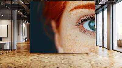 Close-up of a human eye showcasing vibrant color and freckles, emphasizing natural beauty and emotion against a dark background. Wall mural