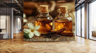 Elegant essence bottles with cinnamon sticks and flowers on a rustic wooden background, perfect for aromatherapy and wellness. Wall mural