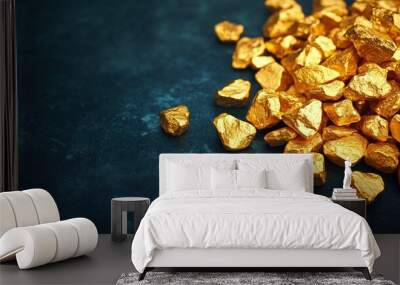 Golden nuggets on a dark surface, showcasing natural mineral beauty. Wall mural