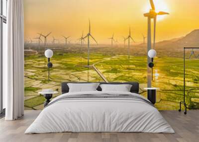 Landscape with Turbine Green Energy Electricity, Windmill for electric power production, Wind turbines generating electricity on rice field at Phan Rang, Ninh Thuan, Vietnam. Clean energy concept. Wall mural