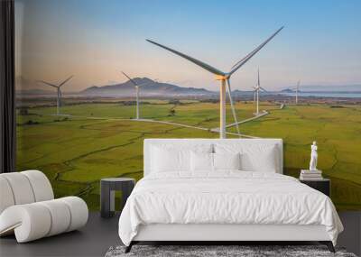 Panoramic view of wind farm or wind park, with high wind turbines for generation electricity with copy space. Green energy concept. Ninh Thuan, Vietnam Wall mural